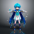 Anime Character With Blue Hair Blue Cape And White Outfit Standing With Light Particles