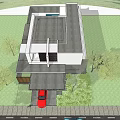 Modern Detached Villa Exterior with Trees Greenery Cars and Illuminated Entrance