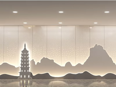 Modern Decorative Feature Wall With Mountain Silhouette Pagoda And Dot Lights 3d model