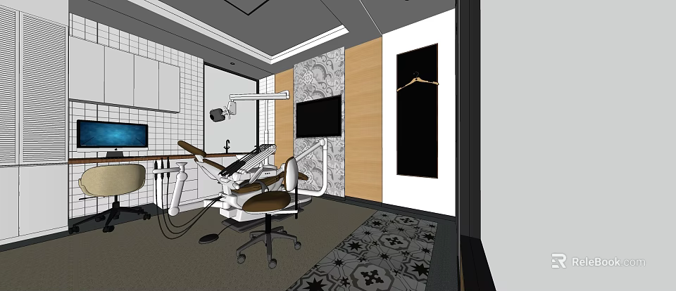 Dental Clinic Interior With Modern Dental Chair Medical Equipment Wall Decor And Floor Pattern 3d model 