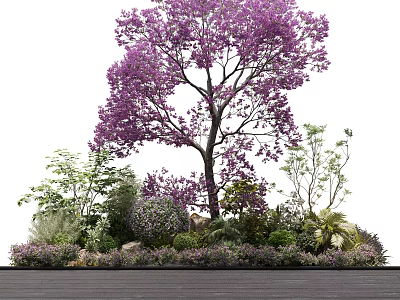 Vibrant Purple Flowering Tree With Lush Surrounding Plants Shrubs On Wooden Ground 3d model