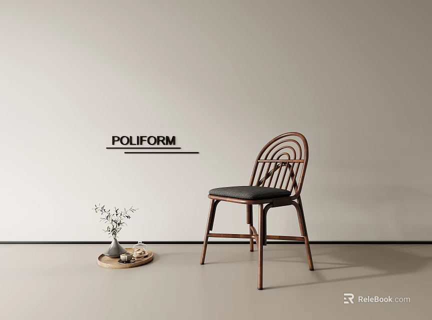 POULFORM Single Chair With Rattan Back In Minimalist Room Side Table Vase And Decorations 3d model 