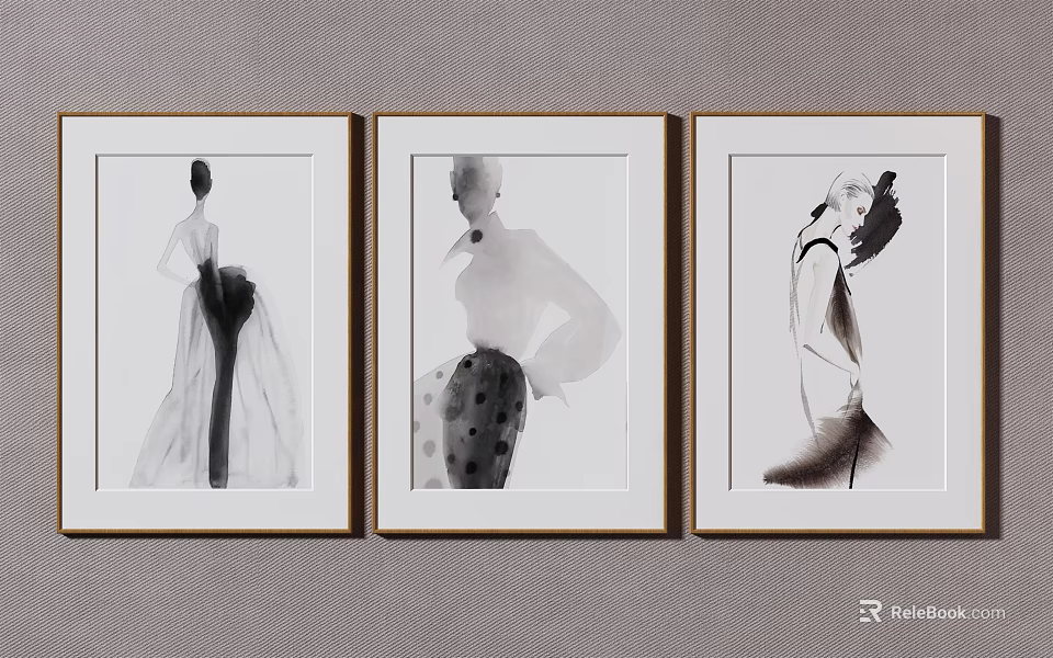Three Framed Black And White Fashion Illustrations As Wall Art Decor 3d model 