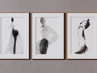 Three Framed Black And White Fashion Illustrations As Wall Art Decor 3d model