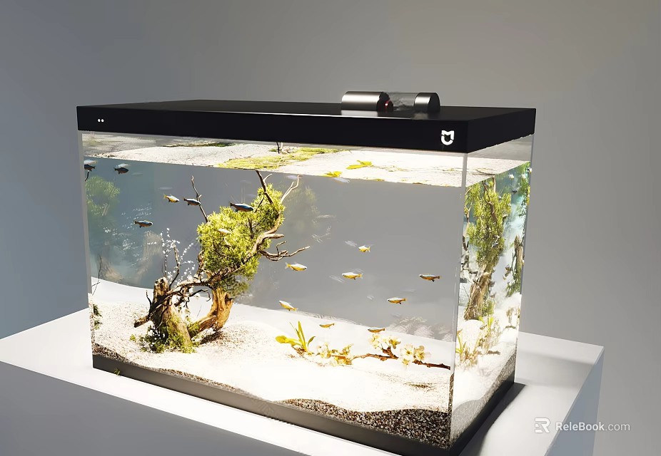 Clear Glass Aquarium With Colorful Fish Aquatic Plants And Driftwood Decorations On White Stand 3d model 