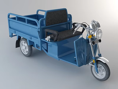 Blue Cargo Tricycle with Open Truck Bed Black Seats and Front Headlight 3d model