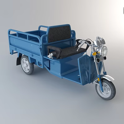 Blue Cargo Tricycle with Open Truck Bed Black Seats and Front Headlight 3d model