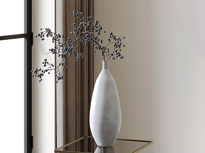 Minimalist White Vase With Black Berry Branches On Gold Glass Table By Brown Curtain 3d model