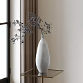 Minimalist White Vase With Black Berry Branches On Gold Glass Table By Brown Curtain