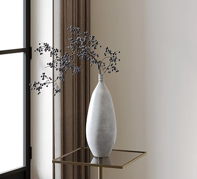 Minimalist White Vase With Black Berry Branches On Gold Glass Table By Brown Curtain 3d model