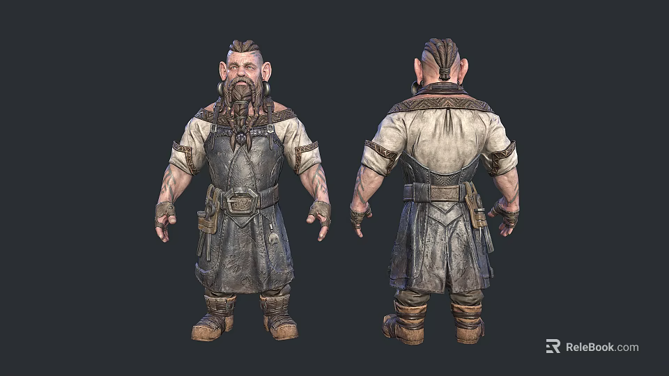 Dwarven Man With Braided Beard Leather Apron And Belt Front Back View Fantasy Character Design 3d model 