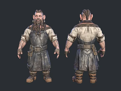 Dwarven Man With Braided Beard Leather Apron And Belt Front Back View Fantasy Character Design 3d model