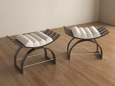 Two Modern Black Metal Frame Stools With White Rolled Towels On Wooden Floor 3d model