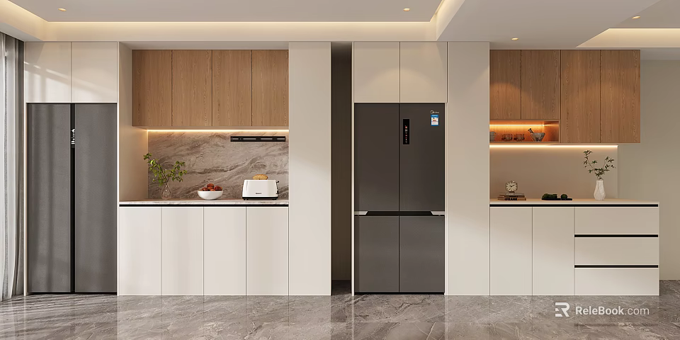 Modern Wine Cabinet Design In Contemporary Kitchen With Wooden Panels And Glass Doors 3d model 
