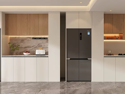 Modern Wine Cabinet Design In Contemporary Kitchen With Wooden Panels And Glass Doors 3d model