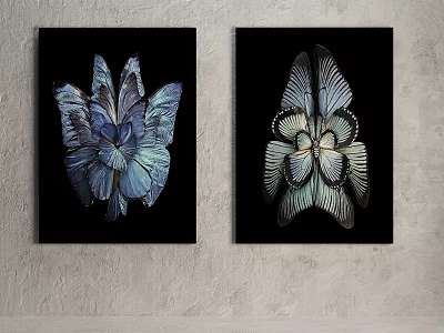 Blue And Gold Butterfly Wall Art Decorative Paintings With Black Frames Hanging On Gray Wall 3d model