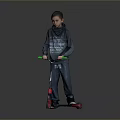 Boy Riding Scooter in Dark Hoodie and Jeans with Green Handlebars Red Wheels Gray Background