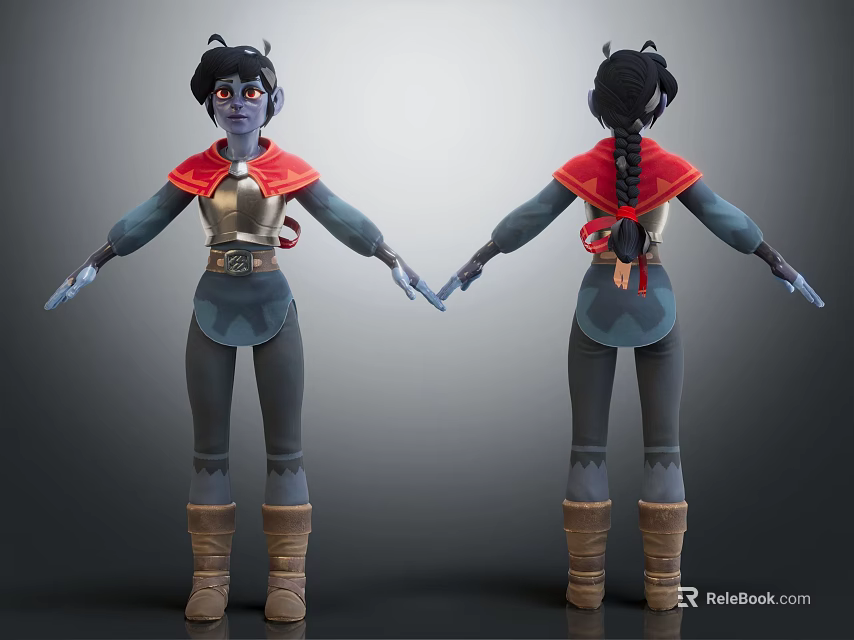 3D Animated Character Design With Braided Hair Red Cape And Armor Outfit Front Back View 3d model 