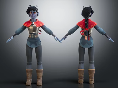 3D Animated Character Design With Braided Hair Red Cape And Armor Outfit Front Back View 3d model