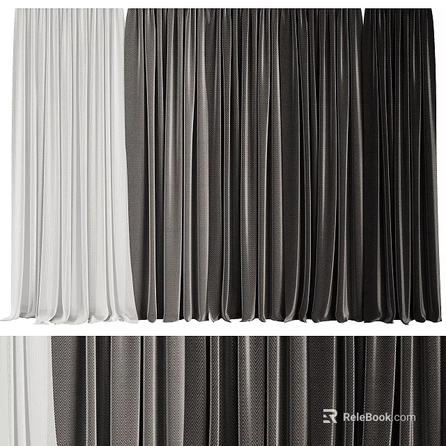 White And Dark Gray Textured Curtains With Elegant Drape For Home Decoration 3d model