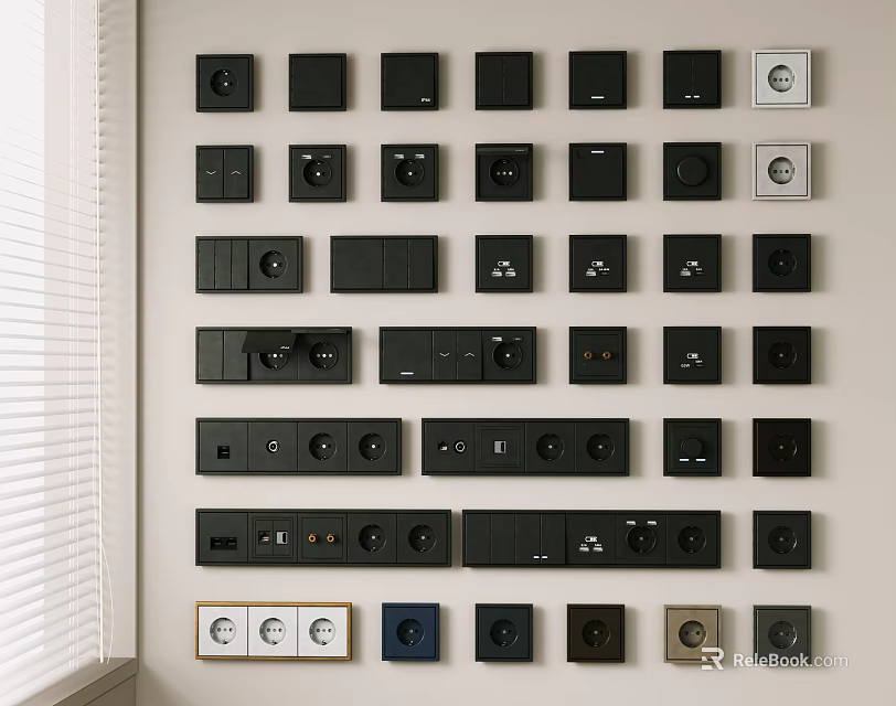 Neatly Arranged Black Switch Panels With Various Styles And Designs On Interior Wall 3d model 
