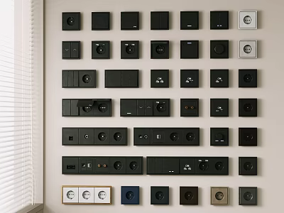Neatly Arranged Black Switch Panels With Various Styles And Designs On Interior Wall 3d model