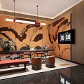 Modern Hotel Public Lounge With Wooden Structure Large Green Plant Red Seats And Geometric Floor