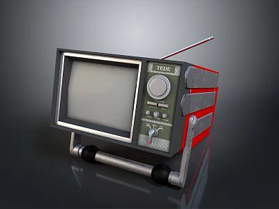 Vintage Portable Computer With Screen Control Knobs Red Stripes Antenna And Stand 3d model