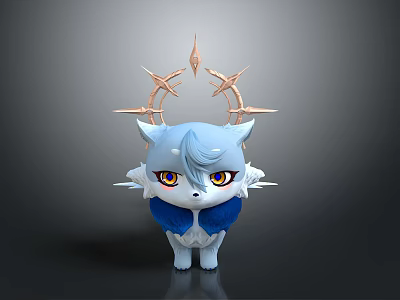 Cute Blue Fox 3D Model With White Fur Golden Antlers And Blue Scarf 3d model