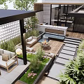 Modern Courtyard Garden Design With Wooden Deck Seating Area Greenery Lattice Wall And Lighting