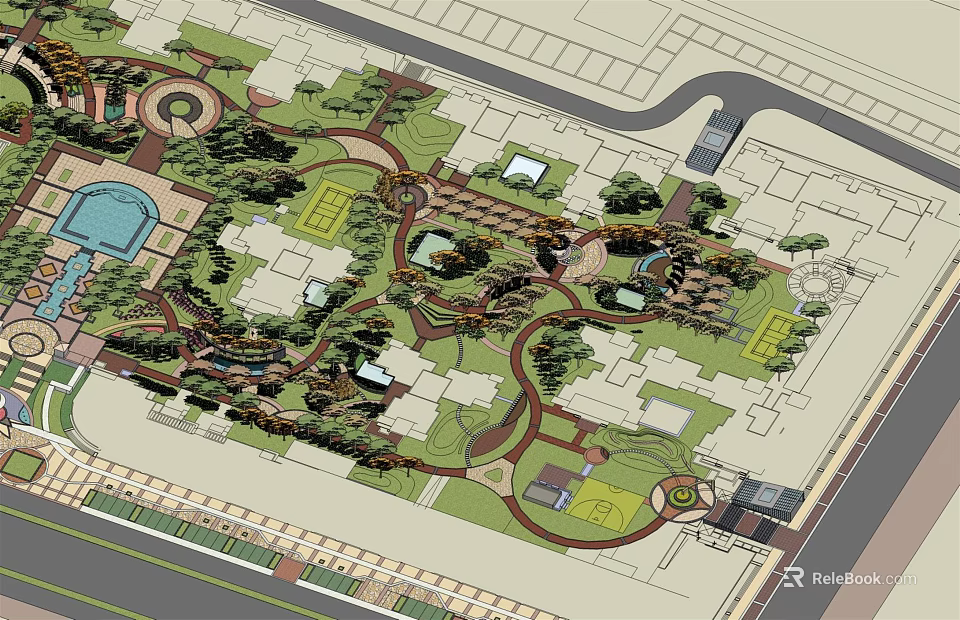 Integrated Residential Landscape Master Plan With Winding Pathways Green Lawns And Water Features 3d model 