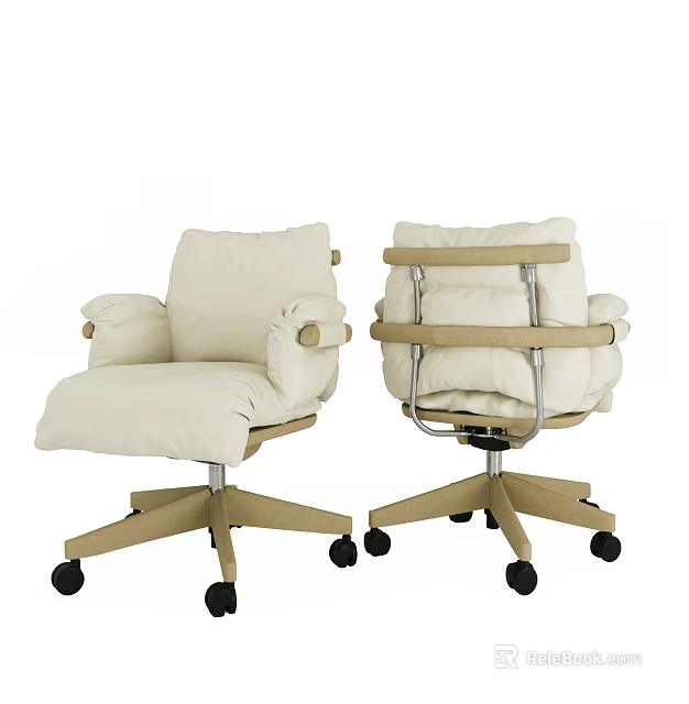 Comfortable Soft Padded Cream White Swivel Office Chair With Natural Wood Frame And Rolling Casters 3d model 