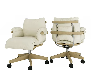 Comfortable Soft Padded Cream White Swivel Office Chair With Natural Wood Frame And Rolling Casters 3d model