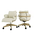 Comfortable Soft Padded Cream White Swivel Office Chair With Natural Wood Frame And Rolling Casters