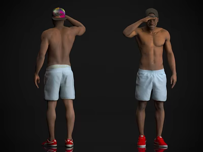 Shirtless man wearing white shorts red shoes and hat from front and back views 3d model
