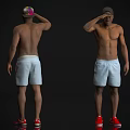 Shirtless man wearing white shorts red shoes and hat from front and back views