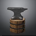 Vintage Metal Anvil For Blacksmith Craft Placed On Wooden Barrel Stand