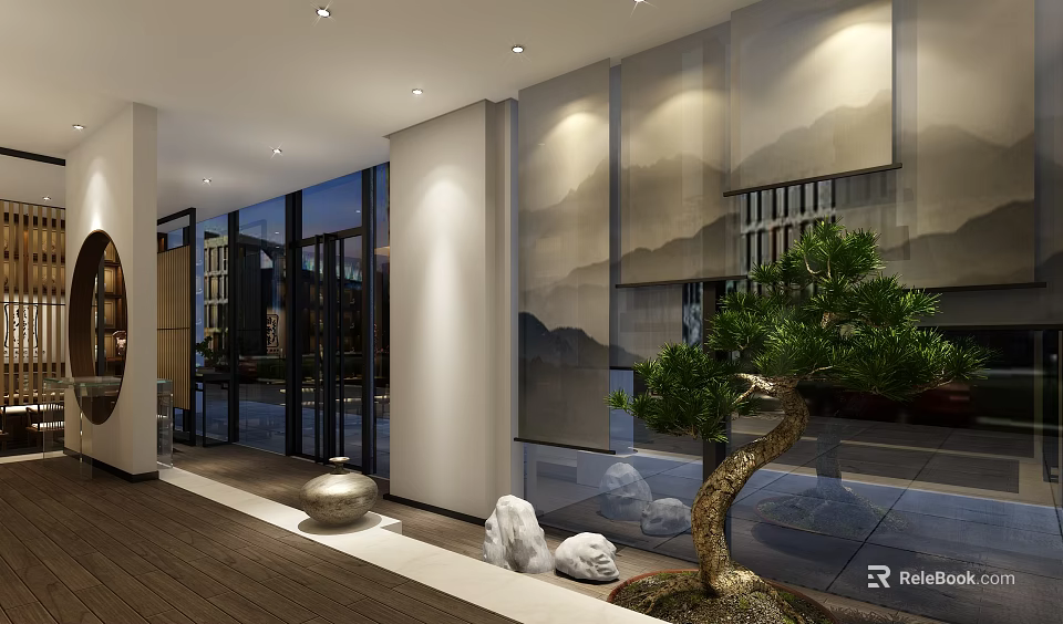Modern Lobby Interior Design With Glass Doors Decorative Paintings Pine Tree And Stone Ornaments 3d model 