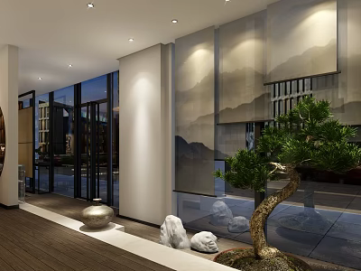 Modern Lobby Interior Design With Glass Doors Decorative Paintings Pine Tree And Stone Ornaments 3d model