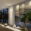 Modern Lobby Interior Design With Glass Doors Decorative Paintings Pine Tree And Stone Ornaments