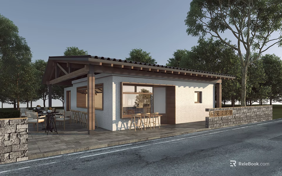 Traditional Post Station With Wooden Roof Veranda And Outdoor Seating Area 3d model 