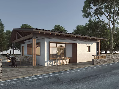 Traditional Post Station With Wooden Roof Veranda And Outdoor Seating Area 3d model