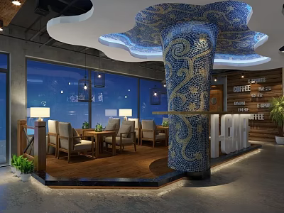 Hotel Public Lounge With Decorative Mosaic Column Wooden Tables Chairs Large Windows And Coffee Area 3d model