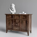 Wooden Entryway Console Cabinet With Drawers Cabinet Doors Decorative Bust Sculpture Books And Ball