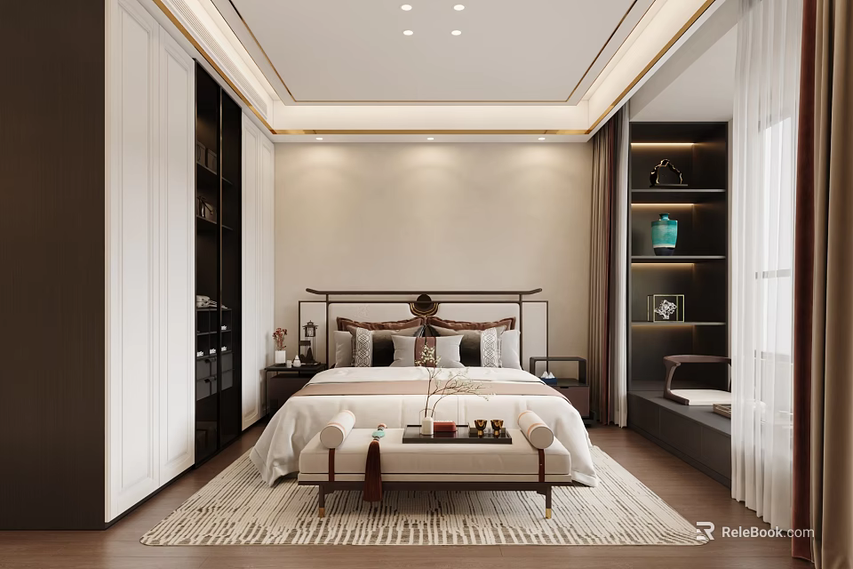 Modern Bedroom Interior Design With King Size Bed Nightstand And Decorative Shelves 3d model 