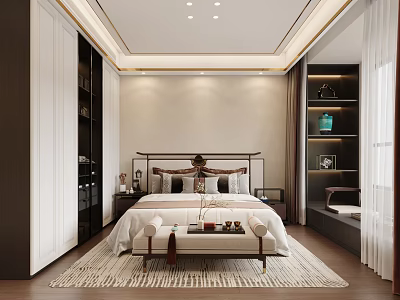 Modern Bedroom Interior Design With King Size Bed Nightstand And Decorative Shelves 3d model