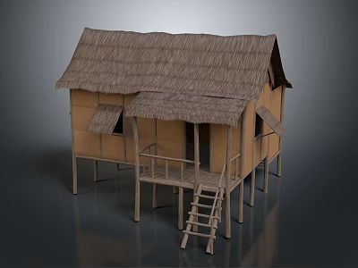 Traditional Wooden House With Thatch Roof Built On Stilts And Wooden Stairs 3d model