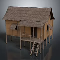 Traditional Wooden House With Thatch Roof Built On Stilts And Wooden Stairs