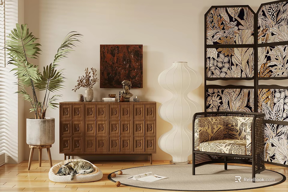 Walnut Wood Dresser In Cozy Living Room With Potted Palm Abstract Art And Rattan Chair 3d model 