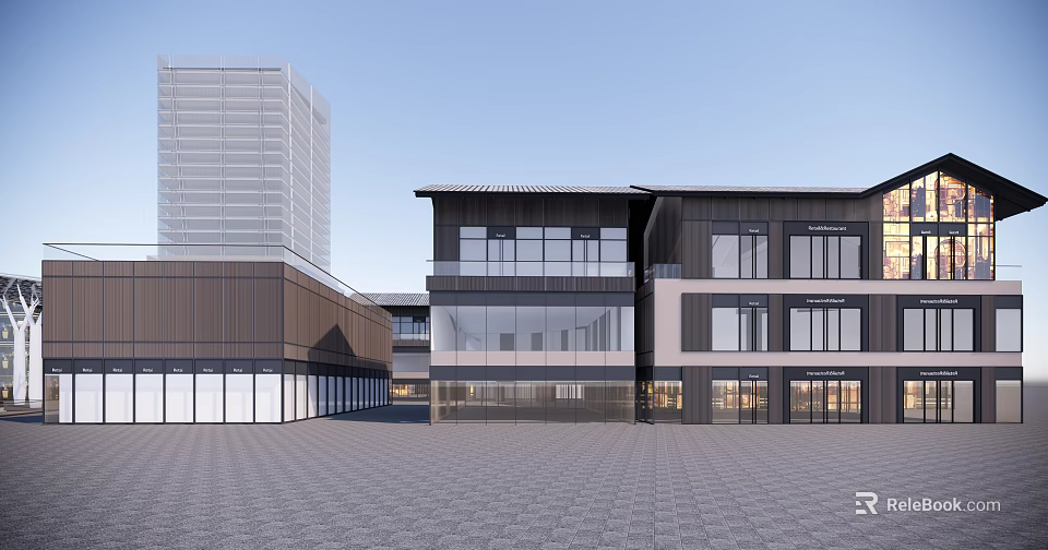 Modern Commercial Street With Multi Story Buildings Glass Facades And Spacious Plaza Ground 3d model 